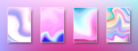 Set of colorful hologram paper card. Abstract holographic wavy gradient mesh color backgrounds. Made for invitation, webpages, apps, party flyer, simple web design. Vector illustration.のイラスト素材