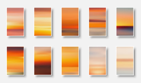 Set of colorful paper sunset and sunrise sea cards. Abstract blurred textured gradient mesh color backgrounds. Made for invitation, webpages, apps, party flyer, simple web design. Vector illustration.のイラスト素材
