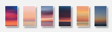 Set of colorful paper sunset and sunrise sea cards. Abstract blurred textured gradient mesh color backgrounds. Made for invitation, webpages, apps, party flyer, simple web design. Vector illustration.のイラスト素材