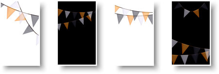 Halloween Carnival colorful bunting garlands with flags made of shredded pieces of fabric. Decorative multicolored party pennants for festival, party celebration. Holiday background with hanging flags. Vector illustration.のイラスト素材