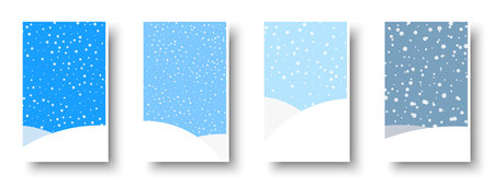 Set of blue paper mockup cards with small white rough snowflakes. Made for invitation, web pages, apps, party flyer, simple web design. Vector illustration.のイラスト素材