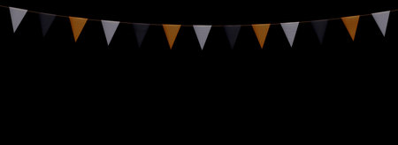 Halloween colorful bunting garlands with flags made of shredded pieces of fabric. Decorative colorful party pennants for festival, party, birthday celebration. Holiday background with hanging flags. Vector illustration.のイラスト素材
