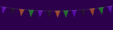 Halloween Carnival colorful bunting garlands with flags made of shredded pieces of fabric. Decorative multicolored party pennants for festival, party celebration. Holiday background with hanging flags. Vector illustration.のイラスト素材