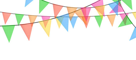 Carnival colorful bunting garlands with flags made of shredded pieces of fabric. Decorative colorful party pennants for festival, party, birthday celebration. Holiday background with hanging flags. Vector illustration.のイラスト素材