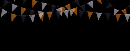 Halloween colorful bunting garlands with flags made of shredded pieces of fabric. Decorative colorful party pennants for festival, party, birthday celebration. Holiday background with hanging flags. Vector illustration.のイラスト素材
