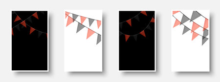 Black Friday sale colorful bunting garlands with flags made of shredded pieces of fabric. Decorative multicolored party pennants for festival, party celebration. Holiday background with hanging flags. Vector illustration.のイラスト素材