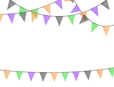 Halloween Carnival colorful bunting garlands with flags made of shredded pieces of fabric. Decorative multicolored party pennants for festival, party celebration. Holiday background with hanging flags. Vector illustration.のイラスト素材