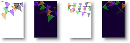 Set of paper mockup cards with Halloween Carnival colorful bunting garlands with flags made of shredded pieces of fabric. Made for invitation, web pages, apps, party flyer, simple web design. Vector illustration.のイラスト素材