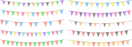 Carnival colorful bunting garlands with flags made of shredded pieces of fabric. Decorative multicolored party pennants for festival, party, birthday celebration. Holiday background with hanging flags. Vector illustration.のイラスト素材