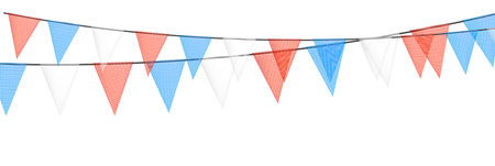 Red and blue bunting garlands with flags made of shredded pieces of fabric. Decorative multicolored party pennants for festival, party celebration. Holiday background with hanging flags. Vector illustration.のイラスト素材