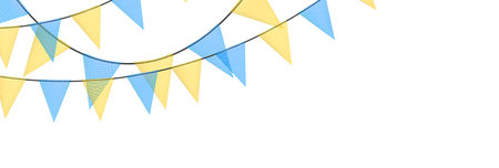 Blue and yellow bunting garlands with flags made of shredded pieces of fabric. Decorative multicolored party pennants for festival, party celebration. Holiday background with hanging flags. Vector illustration.のイラスト素材
