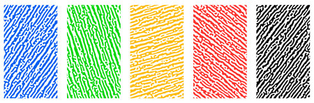 Set of colorful cards with textures. Abstract Turing ornament halftone reaction diffusion psychedelic background. Vector generative algorithm illustration.のイラスト素材