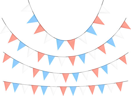 Red and blue bunting garlands with flags made of shredded pieces of fabric. Decorative multicolored party pennants for festival, party celebration. Holiday background with hanging flags. Vector illustration.のイラスト素材