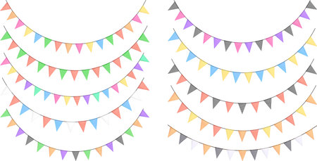 Carnival colorful bunting garlands with flags made of shredded pieces of fabric. Decorative multicolored party pennants for festival, party, birthday celebration. Holiday background with hanging flags. Vector illustration.のイラスト素材