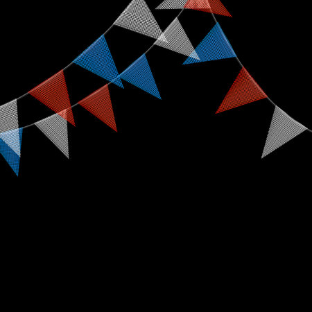 Red and blue bunting garlands with flags made of shredded pieces of fabric. Decorative multicolored party pennants for festival, party celebration. Holiday background with hanging flags. Vector illustration.のイラスト素材