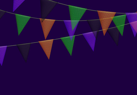 Halloween Carnival colorful bunting garlands with flags made of shredded pieces of fabric. Decorative multicolored party pennants for festival, party celebration. Holiday background with hanging flags. Vector illustration.のイラスト素材