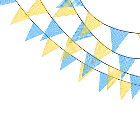 Blue and yellow bunting garlands with flags made of shredded pieces of fabric. Decorative multicolored party pennants for festival, party celebration. Holiday background with hanging flags. Vector illustration.のイラスト素材