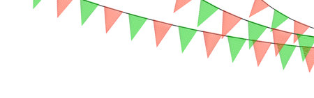 Red and green new year bunting garlands with flags made of shredded pieces of fabric. Decorative multicolored party pennants for festival, party celebration. Holiday background with hanging flags. Vector illustration.のイラスト素材
