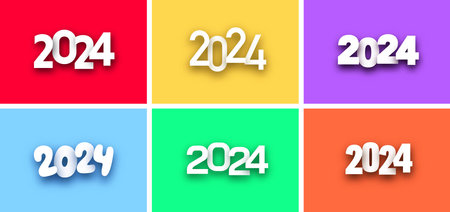 New Year 2024 paper 3d lettering colorful backgrounds. Vector illustration.のイラスト素材