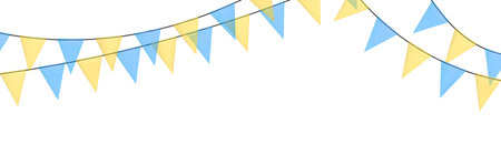 Blue and yellow bunting garlands with flags made of shredded pieces of fabric. Decorative multicolored party pennants for festival, party celebration. Holiday background with hanging flags. Vector illustration.のイラスト素材