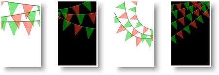 Red and green new year bunting garlands with flags made of shredded pieces of fabric. Decorative multicolored party pennants for festival, party celebration. Holiday background with hanging flags. Vector illustration.のイラスト素材