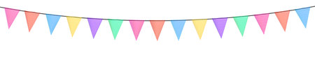 Birthday bunting garlands with flags made of shredded pieces of fabric. Decorative multicolored party pennants for festival, party celebration. Holiday background with hanging flags. Vector illustration.のイラスト素材