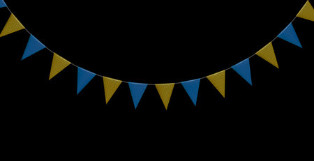 Blue and yellow bunting garlands with flags made of shredded pieces of fabric. Decorative multicolored party pennants for festival, party celebration. Holiday background with hanging flags. Vector illustration.のイラスト素材