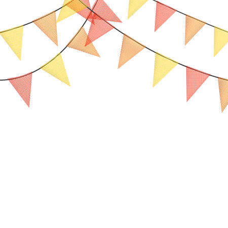 Colorful bunting garlands with flags made of shredded pieces of fabric. Decorative multicolored party pennants for festival, party celebration. Holiday background with hanging flags. Vector illustration.のイラスト素材