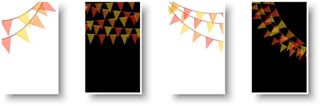 Colorful bunting garlands with flags made of shredded pieces of fabric. Decorative multicolored party pennants for festival, party celebration. Holiday background with hanging flags. Vector illustration.のイラスト素材