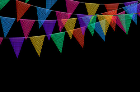 Birthday bunting garlands with flags made of shredded pieces of fabric. Decorative multicolored party pennants for festival, party celebration. Holiday background with hanging flags. Vector illustration.のイラスト素材