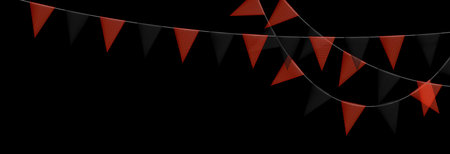 Black Friday sale colorful bunting garlands with flags made of shredded pieces of fabric. Decorative multicolored party pennants for festival, party celebration. Holiday background with hanging flags. Vector illustration.のイラスト素材