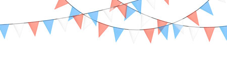 Red and blue bunting garlands with flags made of shredded pieces of fabric. Decorative multicolored party pennants for festival, party celebration. Holiday background with hanging flags. Vector illustration.のイラスト素材