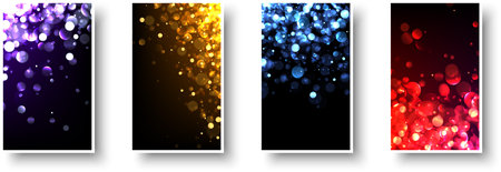 New Year black paper cards with colorful light defocused particles. Vector illustration.のイラスト素材