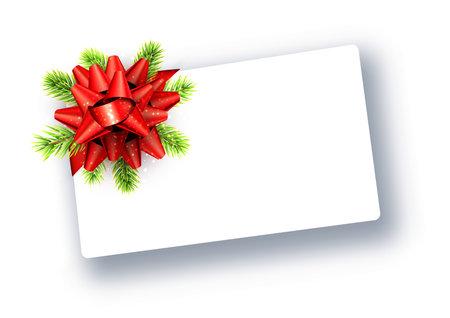 Christmas white paper card with red satin gift bow and bright green fir branches with place for text. Vector illustration.のイラスト素材