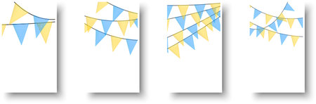 Blue and yellow bunting garlands with flags made of shredded pieces of fabric. Decorative multicolored party pennants for festival, party celebration. Holiday background with hanging flags. Vector illustration.のイラスト素材