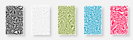 Set of paper cards with liquid design and rippled contrast curve lines. Psychedelic banner, flier, invitation, booklet. Vector illustrationのイラスト素材