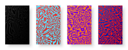 Set of paper cards with liquid design and rippled contrast curve lines. Psychedelic banner, flier, invitation, booklet. Vector illustrationのイラスト素材