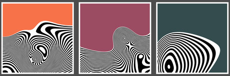 Set of retro banner designs with wavy contrast stripes and optical interference effect. Illusion of movement for poster, flier, invitation, cover, placard. Vector illustrationのイラスト素材