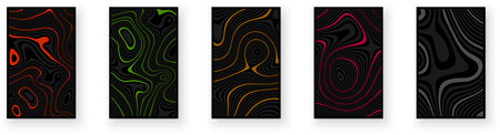 Set of black paper cards with textured liquid pattern design and rippled effect of the illusion of movement. Trendy banner, flier, invitation, booklet. Vector illustrationのイラスト素材