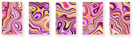 Set of holographic abstract poster designs with optical interference and liquid effect. Illusion of movement for banner, flier, invitation, cover, business card. Vector illustrationのイラスト素材