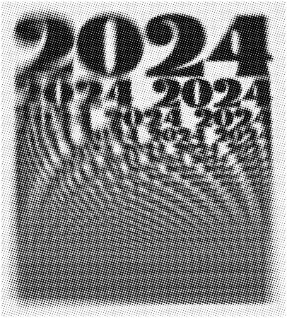 2024 new year blurred halftone. Made in vintage style of newspapers and articles. Black circles on white background. Vector illustration.のイラスト素材