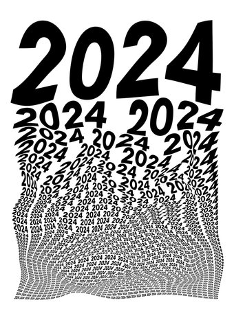 Black and white distorted background composed of 2024 decreasing words. Optical illusion warped wallpaper. Vector illustration.のイラスト素材