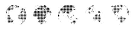 Black and white Earth halftone effect globe set composed of big amount of circles. Wrapped World map in round shape. Vector illustration.のイラスト素材