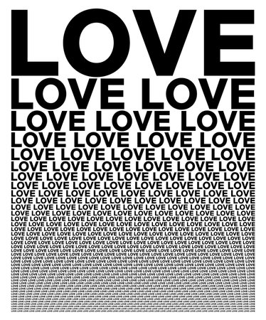 Black and white card composed of big amount of Love decreased words. Booklet with microtext for wallpaper usage. Vector illustration.のイラスト素材