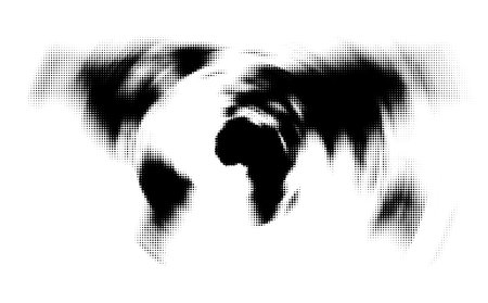 World map blurred rotation halftone. Made for world news and articles. Black circles of different diameter on white background. Vector illustration.のイラスト素材