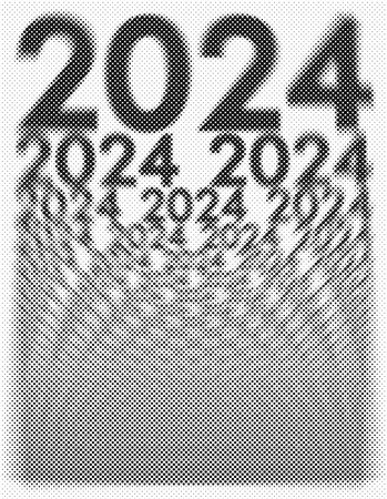 2024 new year blurred halftone. Made in vintage style of newspapers and articles. Black circles on white background. Vector illustration.のイラスト素材