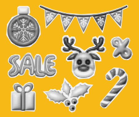 Christmas and New Year trendy halftone icons, collage of vintage 90s style of paper magazine clippings. Composed of big amount of circles. Vector illustrationのイラスト素材