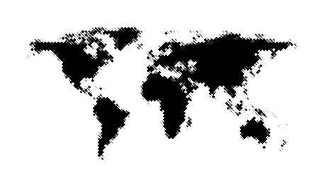 World map grain stipple halftone. Made for world news and articles. Black and grey rectangles of different size on white background. Vector illustration.のイラスト素材