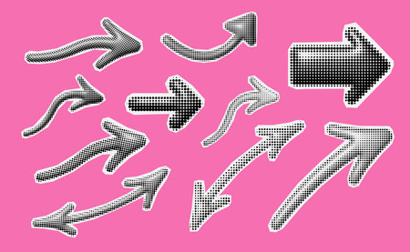 Inflated bubble arrow trendy halftone icons, collage of vintage 90s style of paper magazine clippings. Composed of big amount of circles. Vector illustrationのイラスト素材