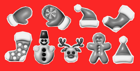 Christmas and New Year trendy halftone icons, collage of vintage 90s style of paper magazine clippings. Composed of big amount of circles. Vector illustrationのイラスト素材